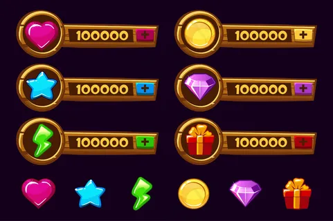 木制卡通游戏资产集。gui元素和图标。游戏设计的附加面板