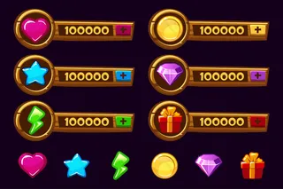 木制卡通游戏资产集。gui元素和图标。游戏设计的附加面板