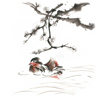 梅花树下的鸳鸯水墨画PNG免抠