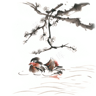梅花树下的鸳鸯水墨画PNG免抠