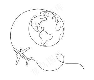 在一个连续的线条图中飞行的飞机环绕地球。旅游和旅游的概念。线性样式的简单矢量插图