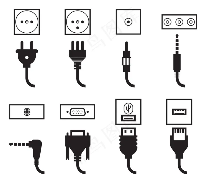 电源插座和插头图标设置。eps,ai矢量模版下载