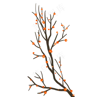 有红色果实的干枝梅手绘设计图