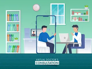 两个面目全非的男人通过视频通话，在数字设备上实现了虚拟医生的会诊理念。