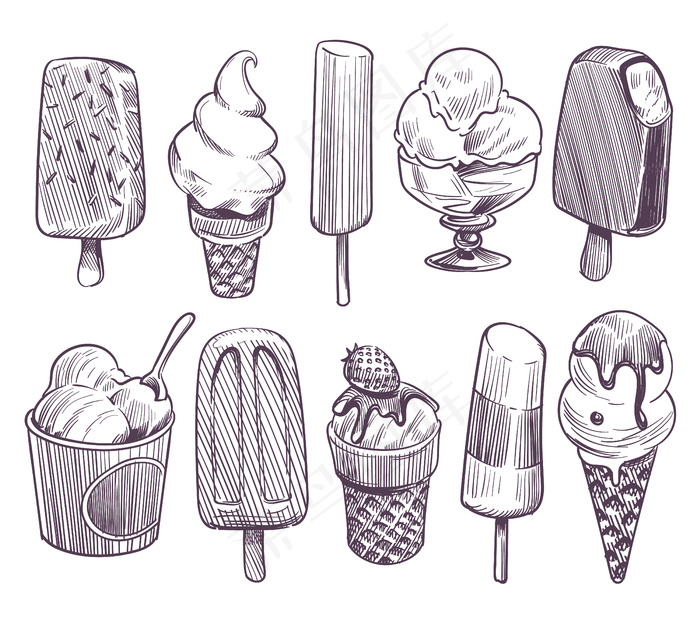 速写冰淇淋。不同的碗加冰淇淋，爱斯基摩人加巧克力釉。威化圆锥形圣代鲜果奶油。复古套装
