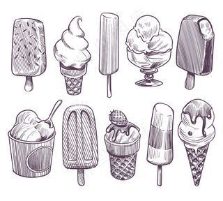 速写冰淇淋。不同的碗加冰淇淋，爱斯基摩人加巧克力釉。威化圆锥形圣代鲜果奶油。复古套装