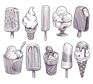 速写冰淇淋。不同的碗加冰淇淋，爱斯基摩人加巧克力釉。威化圆锥形圣代鲜果奶油。复古套装