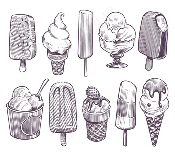 速写冰淇淋。不同的碗加冰淇淋,爱斯基摩人加巧克力釉。威化圆锥形圣代鲜果奶油。复古套装 速写冰淇淋。不同的碗加冰淇淋,爱斯基摩人加巧克力釉。威化圆锥形圣代鲜果奶油。复古套装