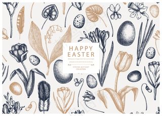 复活节无缝图案。有春天的花朵，鸟的羽毛，蛋和花的元素。手绘植物插图。复活节请柬或贺卡模板。