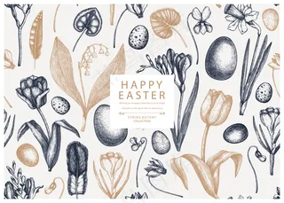 复活节无缝图案。有春天的花朵，鸟的羽毛，蛋和花的元素。手绘植物插图。复活节请柬或贺卡模板。