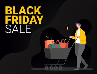 黑色星期五销售活动插图概念，一个推着购物车的男性角色