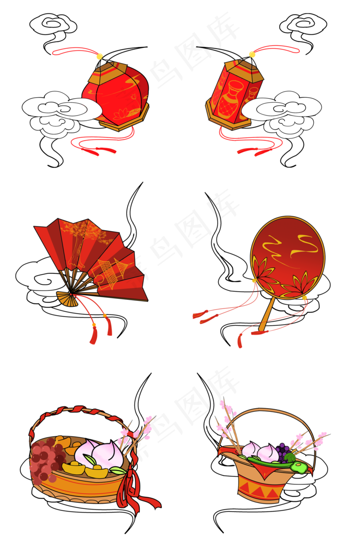国庆节红色喜庆灯笼扇子果篮云纹(2000X3020(DPI:300))psd模版下载