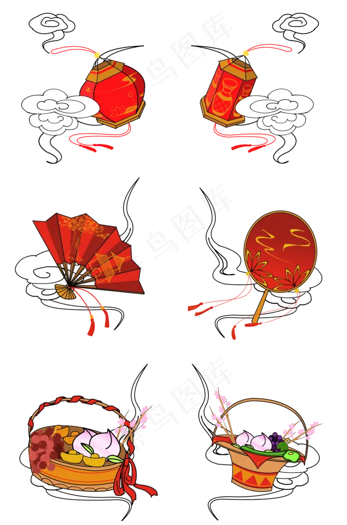 国庆节红色喜庆灯笼扇子果篮云纹(2000X3020(DPI:300))psd模版下载