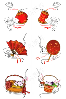 国庆节红色喜庆灯笼扇子果篮云纹