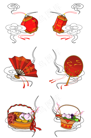 国庆节红色喜庆灯笼扇子果篮云纹