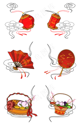 国庆节红色喜庆灯笼扇子果篮云纹
