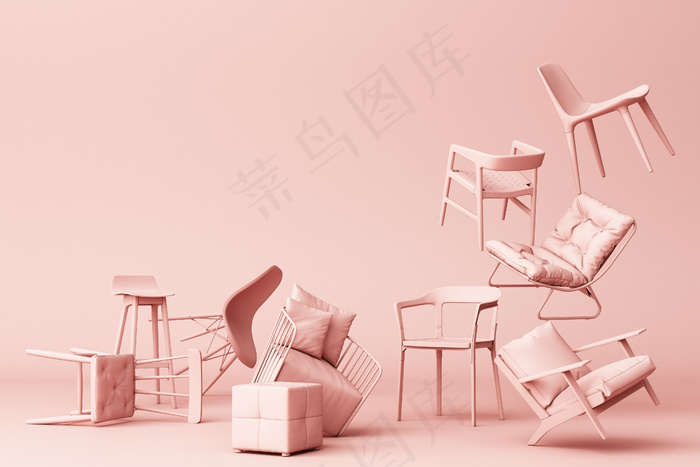 粉红色粉彩椅子在空粉红色背景的概念极简主义和装置艺术三维渲染