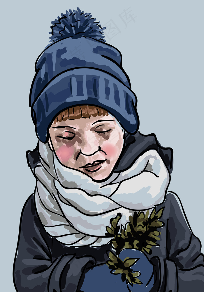 孩子穿着冬暖的衣服看着手里的树枝。