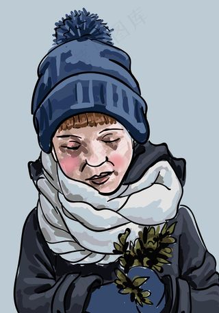 孩子穿着冬暖的衣服看着手里的树枝。