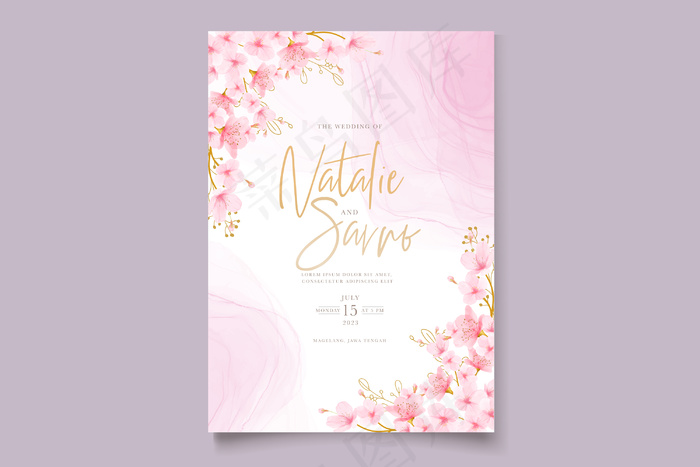 水彩樱花花卉和树叶卡套
