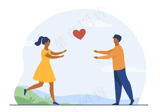 幸福的一对跑来跑去。爱，女朋友，心平插图。卡通插画