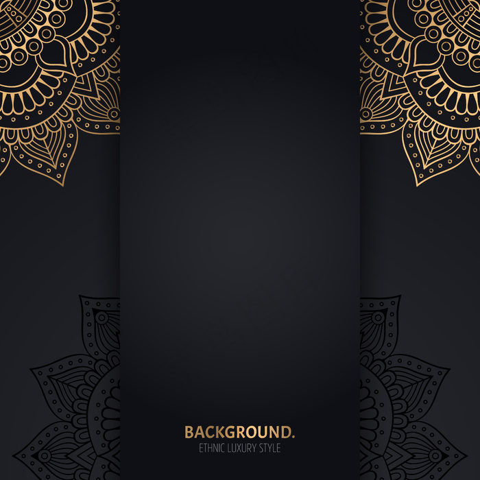 带金色几何曼荼罗圆圈的伊斯兰黑色背景