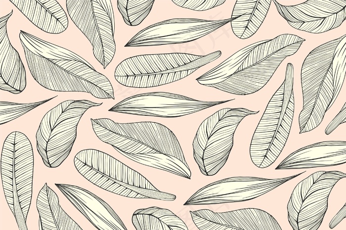 线性热带叶子，有柔和的颜色背景