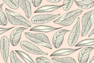 线性热带叶子，有柔和的颜色背景