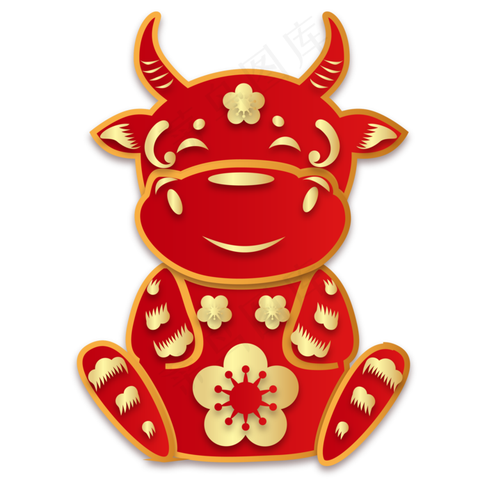 牛年红金配色剪纸牛(2000*2000px 300 dpi )ai矢量模版下载