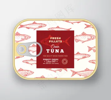 罐头鱼标签模板。带标签盖的抽象鱼铝容器。