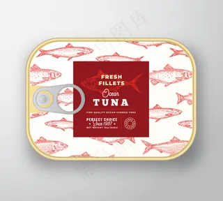 罐头鱼标签模板。带标签盖的抽象鱼铝容器。