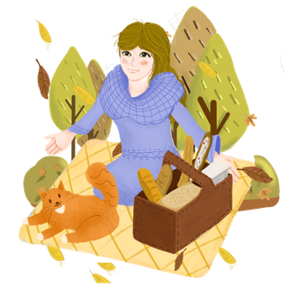 秋天秋日紫衣女子猫咪野餐PNG图