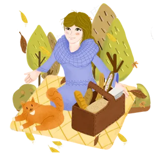 秋天秋日紫衣女子猫咪野餐PNG图 秋天秋日紫衣女子猫咪野餐PNG图
