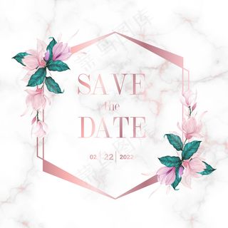 玫瑰金几何框架，大理石背景上有花朵，用于婚礼会徽和请柬