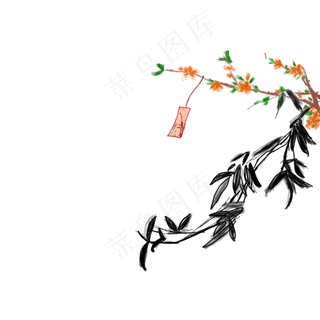 古风手绘梅花竹叶素材免抠