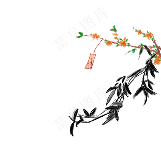 古风手绘梅花竹叶素材免抠