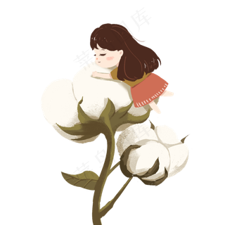 寒露白色手绘棉花和睡觉的女孩免