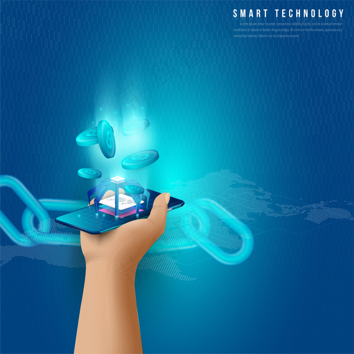 大数据处理概念、未来能源站、数据中心、加密货币和区块链等距图