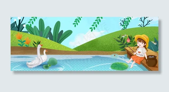 二十四节气夏至池塘钓鱼的女孩banner