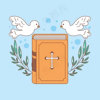 用鸽子装饰树叶的圣经，卡通插图