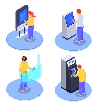 等距 2x2 设计概念，人们使用接口 atm 信息亭虚拟屏幕隔离