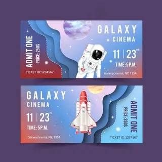 银河门票模板与火箭，宇航员，行星水彩插图。