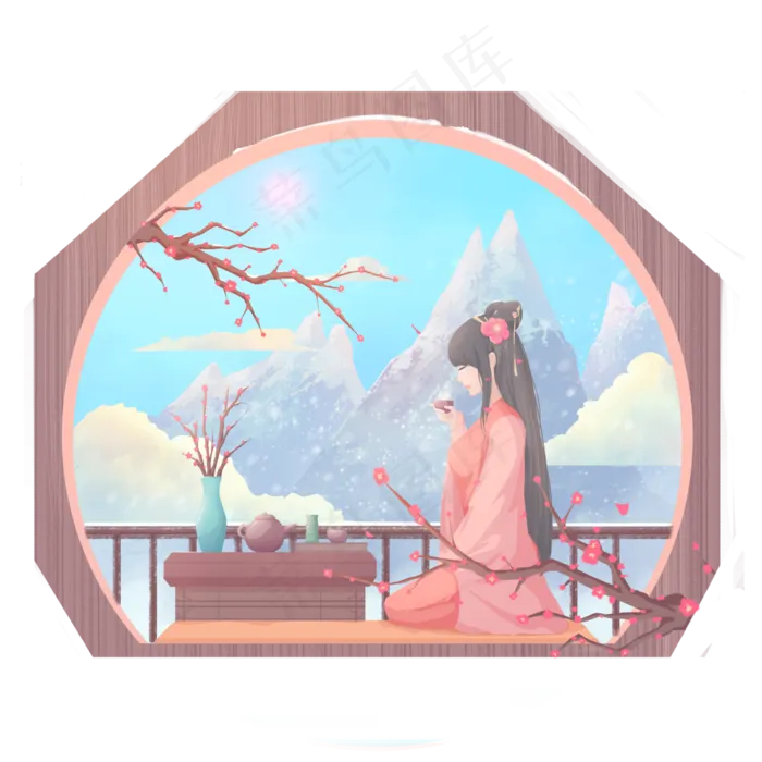 卡通手绘日系清新冬季喝茶梅花雪(4000X4000(DPI:300))psd模版下载
