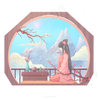 卡通手绘日系清新冬季喝茶梅花雪