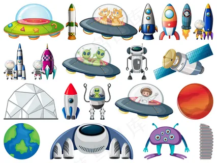 在白色背景上隔离的一组空间物体和元素