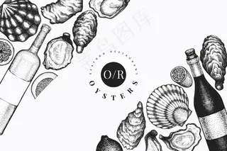 牡蛎和葡萄酒设计模板。手绘矢量图。海鲜横幅banner。可用于设计菜单，包装，配方，标签，鱼市，海鲜产品。