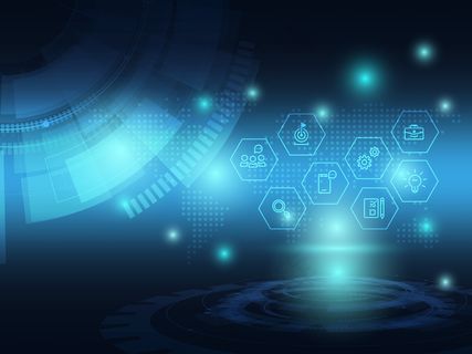 带有商业图标的抽象蓝色未来技术背景