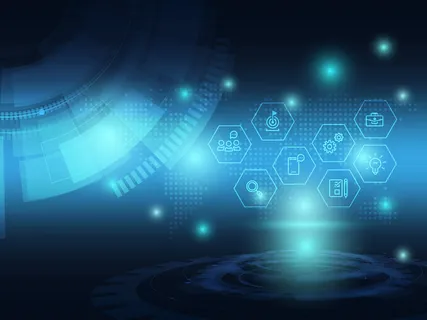 带有商业图标的抽象蓝色未来技术背景