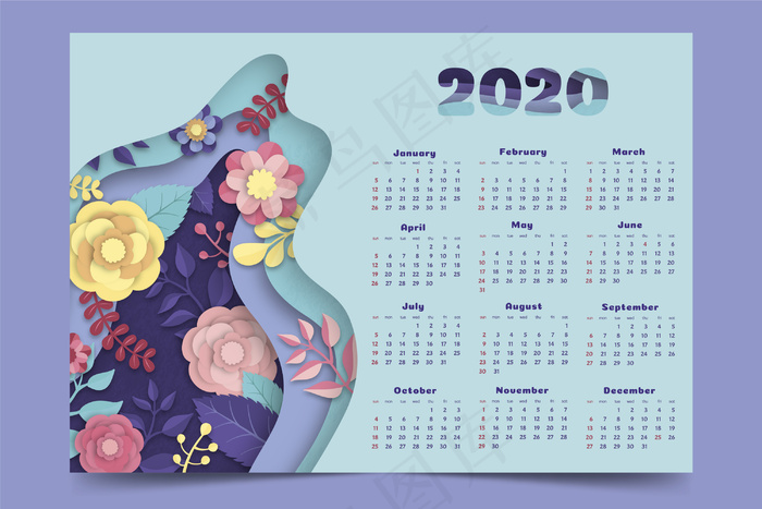 花卉2020日历模板eps,ai矢量模版下载