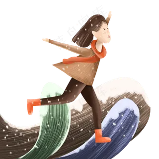 冬季雪中奔跑的女孩